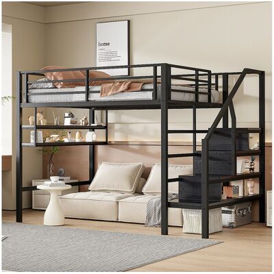 Merax Hoogslaper 140 x 200 cm met opbergplanken en ladder - Metaal - Zwart (zonder matras) Merax Hoogslaper 140 x 200 cm met opbergplanken en ladder - Metaal - Zwart (zonder matras)