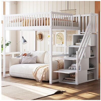 Merax Hoogslaper 140 x 200 cm met 4 lades en opbergplanken - Grenen + multiplex + MDF - voor kinderen - Wit Merax Hoogslaper 140 x 200 cm met 4 lades en opbergplanken - Grenen + multiplex + MDF - voor kinderen - Wit
