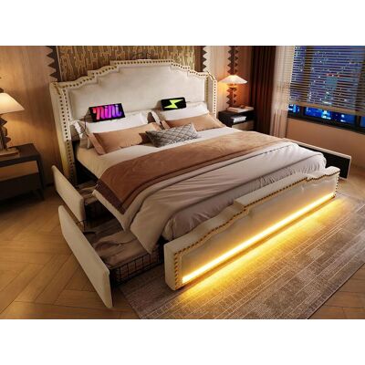 ModernLuxe Gestoffeerd tweepersoonsbed 180x200 cm – met 4 lades – met LED-verlichting en oplaadpoorten – Beige ModernLuxe Gestoffeerd tweepersoonsbed 180x200 cm – met 4 lades – met LED-verlichting en oplaadpoorten – Beige