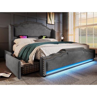 ModernLuxe Gestoffeerd tweepersoonsbed 180x200 cm – met 4 lades – met LED-verlichting en oplaadpoorten – Grijs ModernLuxe Gestoffeerd tweepersoonsbed 180x200 cm – met 4 lades – met LED-verlichting en oplaadpoorten – Grijs