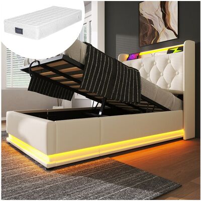 Merax Kinderbed met opbergruimte - 90 x 200 cm - Matras + Leds + Hoofdbord met USB - PU-leer - Wit Merax Kinderbed met opbergruimte - 90 x 200 cm - Matras + Leds + Hoofdbord met USB - PU-leer - Wit