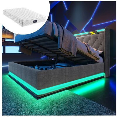Merax Gestoffeerd tweepersoonsbed met opbergruimte - 160 x 200 cm - Matras + Leds + Hoofdbord met USB - Linnen stof - Grijs Merax Gestoffeerd tweepersoonsbed met opbergruimte - 160 x 200 cm - Matras + Leds + Hoofdbord met USB - Linnen stof - Grijs