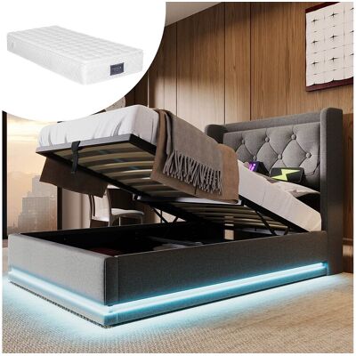 Merax Kinderbed met opbergruimte en kussens - 90 x 200 cm - Matras + Leds + Hoofdbord met USB - Katoenen stof - Grijs Merax Kinderbed met opbergruimte en kussens - 90 x 200 cm - Matras + Leds + Hoofdbord met USB - Katoenen stof - Grijs