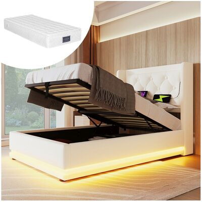 Merax Kinderbed met opbergruimte - 90 x 200 cm - Matras + Leds + Hoofdbord met USB - PU-leer - Wit Merax Kinderbed met opbergruimte - 90 x 200 cm - Matras + Leds + Hoofdbord met USB - PU-leer - Wit