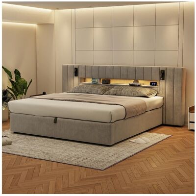 Hauss Spole Tweepersoonsbed 180x200 met opbergruimte, USB, LED-verlichting, nachtlampje, grijs fluweel, zonder matras Hauss Spole Tweepersoonsbed 180x200 met opbergruimte, USB, LED-verlichting, nachtlampje, grijs fluweel, zonder matras