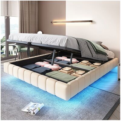Merax Gestoffeerd tweepersoonsbed met opbergruimte - 160 x 200 cm - zonder hoofdbord + LED's - Linnen stof - Beige Merax Gestoffeerd tweepersoonsbed met opbergruimte - 160 x 200 cm - zonder hoofdbord + LED's - Linnen stof - Beige