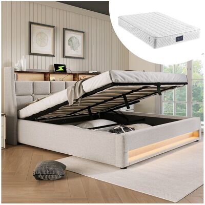 Merax Gestoffeerd opbergbed voor jongeren - 160 x 200 cm - Matras + LED's + Hoofdbord met USB - Linnen stof - Beige Merax Gestoffeerd opbergbed voor jongeren - 160 x 200 cm - Matras + LED's + Hoofdbord met USB - Linnen stof - Beige
