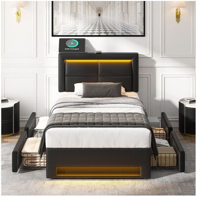 Hauss Spole Eenpersoonsbed 90x200 cm met 4 lades, LED-verlichting en USB-poort - in zwart PU (zonder matras) Hauss Spole Eenpersoonsbed 90x200 cm met 4 lades, LED-verlichting en USB-poort - in zwart PU (zonder matras)