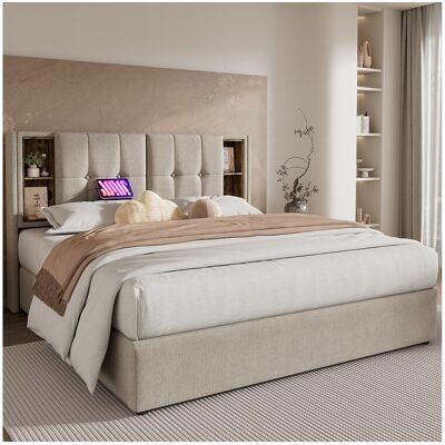Hauss Spole Tweepersoons opbergbed 140x200 cm met draadloze USB-C - Houten lattenbodem - Natuurlijk linnen (zonder matras) Hauss Spole Tweepersoons opbergbed 140x200 cm met draadloze USB-C - Houten lattenbodem - Natuurlijk linnen (zonder matras)