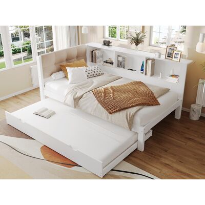 ModernLuxe Slaapbank 90x200 cm - Eenpersoonsbed - Met opbergbed - Met LED-verlichtingsstrip - Met plank - Met USB-poort - Grenen - Wit (zonder matras) ModernLuxe Slaapbank 90x200 cm - Eenpersoonsbed - Met opbergbed - Met LED-verlichtingsstrip - Met plank - Met USB-poort - Grenen - Wit (zonder matras)