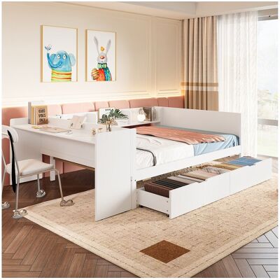 Merax tweepersoonsbed - 140 x 200 cm - 2 lades + bureau - zonder matras - grenen + spaanplaat - wit Merax tweepersoonsbed - 140 x 200 cm - 2 lades + bureau - zonder matras - grenen + spaanplaat - wit