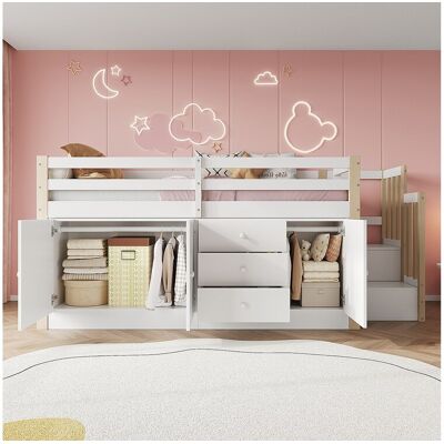 Merax Kinderbed halfhoog - 90 x 200 cm - met trap + 3 lades - 2 kledingkasten - wit Merax Kinderbed halfhoog - 90 x 200 cm - met trap + 3 lades - 2 kledingkasten - wit