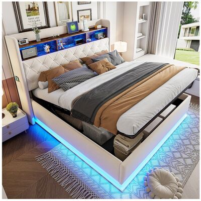 Hauss Spole 180x200cm Volwassen Opbergbed met LED-verlichting en USB Type-C, Linnen, Beige, Zonder Matras Hauss Spole 180x200cm Volwassen Opbergbed met LED-verlichting en USB Type-C, Linnen, Beige, Zonder Matras