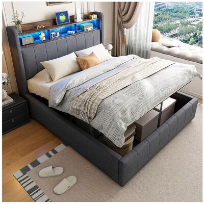 Hauss Spole Tweepersoonsbed met opbergruimte 140x200 cm, met LED en USB Type-C, linnen grijs, zonder matras Hauss Spole Tweepersoonsbed met opbergruimte 140x200 cm, met LED en USB Type-C, linnen grijs, zonder matras