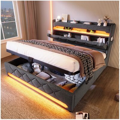 Hauss Spole Opbergbed 180x200 cm met LED en USB Type-C, linnen, grijs, zonder matras Hauss Spole Opbergbed 180x200 cm met LED en USB Type-C, linnen, grijs, zonder matras