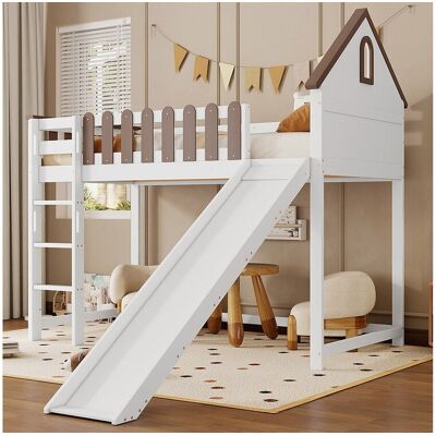 Merax Kinderhoogslaper - 90 x 200 cm - met dak + raam + glijbaan - grenen + MDF - wit Merax Kinderhoogslaper - 90 x 200 cm - met dak + raam + glijbaan - grenen + MDF - wit