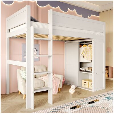 Merax Kinderhoogslaper - 90 x 200 cm - met kledingkast + opbergvak - Grenen + MDF - wit Merax Kinderhoogslaper - 90 x 200 cm - met kledingkast + opbergvak - Grenen + MDF - wit