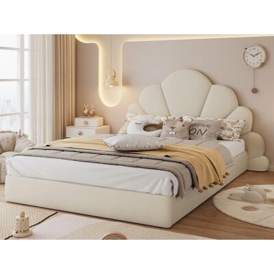 ModernLuxe Eenpersoonsbed 140x200 cm met fluwelen bekleding - bloemvormige hoofdeinde - met lattenbodem - Beige ModernLuxe Eenpersoonsbed 140x200 cm met fluwelen bekleding - bloemvormige hoofdeinde - met lattenbodem - Beige