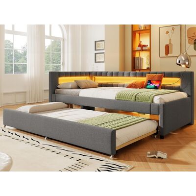 ModernLuxe Slaapbank 90x200 cm - met LED-verlichting - met opbergbed - met USB- + TYPE-C-aansluitingen - linnen - grijs (matras niet inbegrepen) ModernLuxe Slaapbank 90x200 cm - met LED-verlichting - met opbergbed - met USB- + TYPE-C-aansluitingen - linnen - grijs (matras niet inbegrepen)