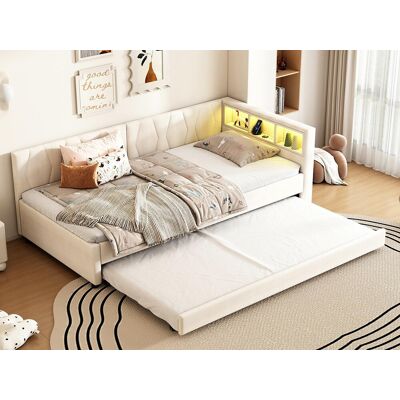 ModernLuxe Slaapbank 90x200 cm - met opbergbed - met USB- + Type-C-aansluitingen - met LED-verlichting - beige (matras niet inbegrepen) ModernLuxe Slaapbank 90x200 cm - met opbergbed - met USB- + Type-C-aansluitingen - met LED-verlichting - beige (matras niet inbegrepen)