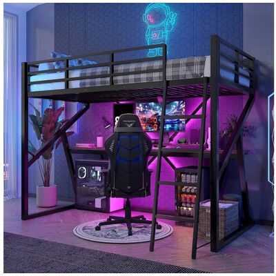 Merax Kinderhoogslaper - 90 x 200 cm - ijzeren frame - met LED-verlichting + trap + bureau - Metaal + MDF - zwart Merax Kinderhoogslaper - 90 x 200 cm - ijzeren frame - met LED-verlichting + trap + bureau - Metaal + MDF - zwart