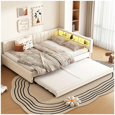 Hauss Spole Volwassen slaapbank 140x200cm beige linnen met uitschuifbed 90x190cm, LED en USB, lattenbodem, zonder matras Hauss Spole Volwassen slaapbank 140x200cm beige linnen met uitschuifbed 90x190cm, LED en USB, lattenbodem, zonder matras