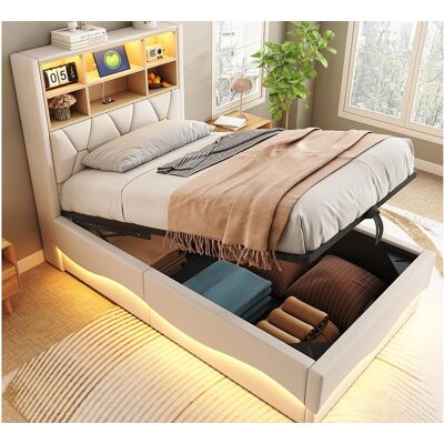 ModernLuxe Kinderopbergbed 90x200 cm - met LED-lichtstrip - met USB-oplaadpoort - linnen - beige (zonder matras) ModernLuxe Kinderopbergbed 90x200 cm - met LED-lichtstrip - met USB-oplaadpoort - linnen - beige (zonder matras)
