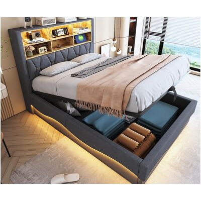ModernLuxe Kinderopbergbed 140x200 cm - met LED-lichtstrip - met USB-oplaadpoort - linnen - grijs (zonder matras) ModernLuxe Kinderopbergbed 140x200 cm - met LED-lichtstrip - met USB-oplaadpoort - linnen - grijs (zonder matras)