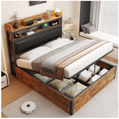 Merax Vintage opbergbed - 140 x 200 - met USB + gestoffeerd hoofdbord met opbergruimte - Metaal + stof + MDF - zwart Merax Vintage opbergbed - 140 x 200 - met USB + gestoffeerd hoofdbord met opbergruimte - Metaal + stof + MDF - zwart