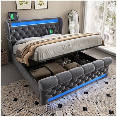 Merax Gestoffeerd opbergbed - 140 x 200 cm - met LED's - opberghoofdeinde en USB - fluweel - grijs Merax Gestoffeerd opbergbed - 140 x 200 cm - met LED's - opberghoofdeinde en USB - fluweel - grijs