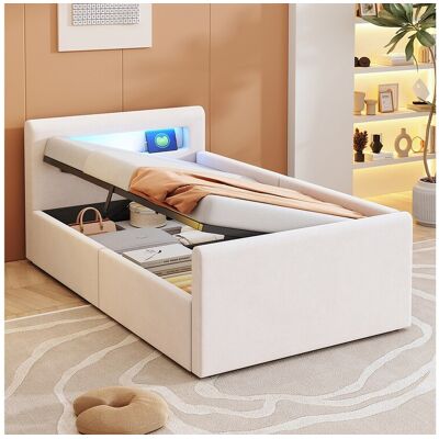 Merax Gestoffeerd kinderbed met opbergruimte - 90 x 200 cm - met LED's + USB - hoofdeinde met plank - fluweel + MDF - beige Merax Gestoffeerd kinderbed met opbergruimte - 90 x 200 cm - met LED's + USB - hoofdeinde met plank - fluweel + MDF - beige