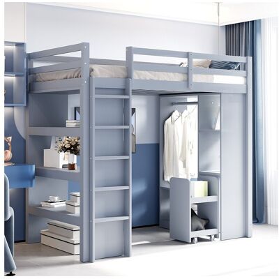 Merax Kinderhoogslaper - 90 x 200 cm - met 1 uitneembare opbergwagen + enkele hangers - hout + MDF - grijs Merax Kinderhoogslaper - 90 x 200 cm - met 1 uitneembare opbergwagen + enkele hangers - hout + MDF - grijs