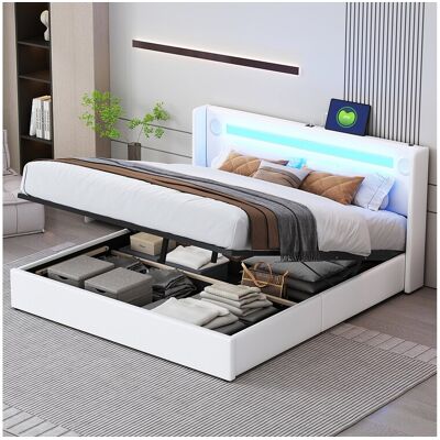 Opbergbed 160x200 cm, LED, Bluetooth-speler, USB-aansluiting, PU-bekleding, hydraulische opberging, tweepersoonsbed met lattenbodem, wit (212,5x166x103 cm) Opbergbed 160x200 cm, LED, Bluetooth-speler, USB-aansluiting, PU-bekleding, hydraulische opberging, tweepersoonsbed met lattenbodem, wit (212,5x166x103 cm)