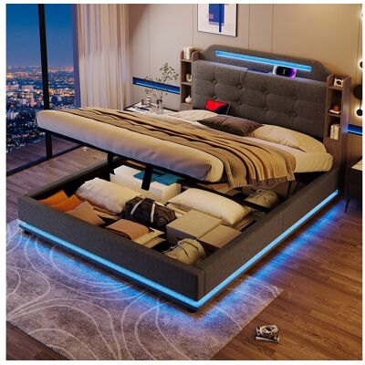 Hauss Spole Grijs linnen opbergbed 140x200cm met LED-verlichting en opbergruimte (zonder matras) Hauss Spole Grijs linnen opbergbed 140x200cm met LED-verlichting en opbergruimte (zonder matras)
