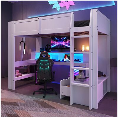 Merax Kinderhoogslaper - 90 x 200 cm - met bureau + LED's + 1 lade + planken - grenen - wit Merax Kinderhoogslaper - 90 x 200 cm - met bureau + LED's + 1 lade + planken - grenen - wit