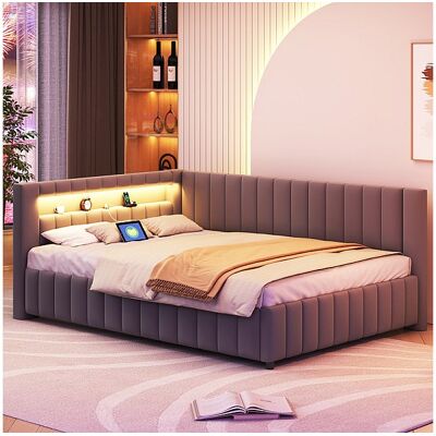 DripeX Gepolsterd bankbed in fluweel 140x200 cm, Slaapbank met LED, USB, rug- en hoofdeinde, Grijs DripeX Gepolsterd bankbed in fluweel 140x200 cm, Slaapbank met LED, USB, rug- en hoofdeinde, Grijs