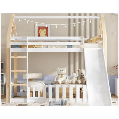 ModernLuxe Kinder stapelbed 90×200 cm - met hekwerk en glijbaan - met trap van 3 treden - Massief hout + MDF - wit (zonder matras) ModernLuxe Kinder stapelbed 90×200 cm - met hekwerk en glijbaan - met trap van 3 treden - Massief hout + MDF - wit (zonder matras)
