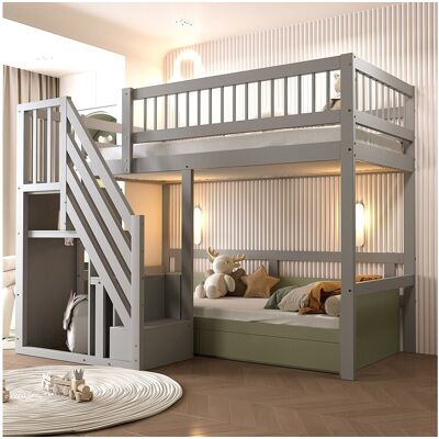 Merax Kinderhoogslaper - 90 x 200 cm - trap met opbergruimte - hout - grijs Merax Kinderhoogslaper - 90 x 200 cm - trap met opbergruimte - hout - grijs