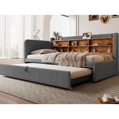 ModernLuxe Slaapbank 90×200 cm - met opbergbed - USB + Type-C aansluiting - met plank - linnen - grijs (matras niet inbegrepen) ModernLuxe Slaapbank 90×200 cm - met opbergbed - USB + Type-C aansluiting - met plank - linnen - grijs (matras niet inbegrepen)