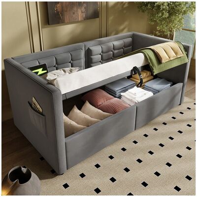Opbergbed 90x200 cm - Eenpersoonsbed met USB-oplader en opbergtas - grijs fluweel - zonder matras Opbergbed 90x200 cm - Eenpersoonsbed met USB-oplader en opbergtas - grijs fluweel - zonder matras