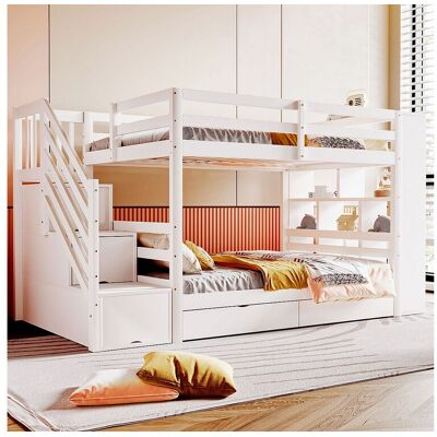 Merax Kinderstapelbed - 2 x 90 x 200 cm - met opbergladder + 2 lades + grote kasten - hout - wit Merax Kinderstapelbed - 2 x 90 x 200 cm - met opbergladder + 2 lades + grote kasten - hout - wit