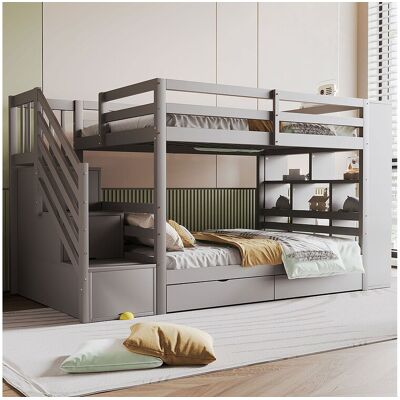 Merax Kinderstapelbed - 2 x 90 x 200 cm - met opbergladder + 2 lades + grote kasten - hout - grijs Merax Kinderstapelbed - 2 x 90 x 200 cm - met opbergladder + 2 lades + grote kasten - hout - grijs