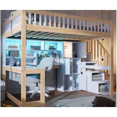 ModernLuxe Hoogbedcombinatie 140×200 cm - met LED-verlichting - met opbergtrap - met planken - met bureau - Wit + Natuur (matras niet inbegrepen) ModernLuxe Hoogbedcombinatie 140×200 cm - met LED-verlichting - met opbergtrap - met planken - met bureau - Wit + Natuur (matras niet inbegrepen)