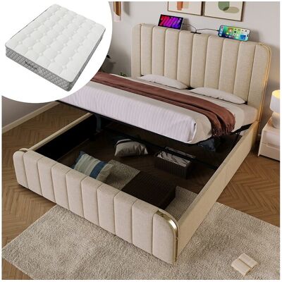 Merax Gestoffeerd tweepersoonsbed - 180 x 200 cm - met hoofdbord + USB + hydraulische opbergruimte - linnen - beige (met matras) Merax Gestoffeerd tweepersoonsbed - 180 x 200 cm - met hoofdbord + USB + hydraulische opbergruimte - linnen - beige (met matras)