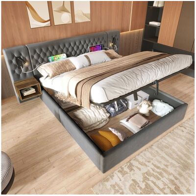 Merax Hydraulisch opbergbed - 180 x 200 cm - met 2 nachtkastjes + lamp hoofdeinde - fluweel - grijs Merax Hydraulisch opbergbed - 180 x 200 cm - met 2 nachtkastjes + lamp hoofdeinde - fluweel - grijs