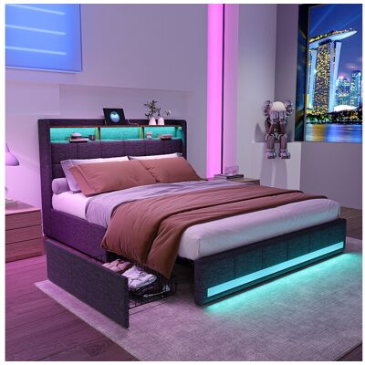 Tweepersoonsbed 140x200 cm in grijs linnen, 4 lades, led-verlichting, planken, USB/Type-C-aansluitingen, houten lattenbodem Tweepersoonsbed 140x200 cm in grijs linnen, 4 lades, led-verlichting, planken, USB/Type-C-aansluitingen, houten lattenbodem