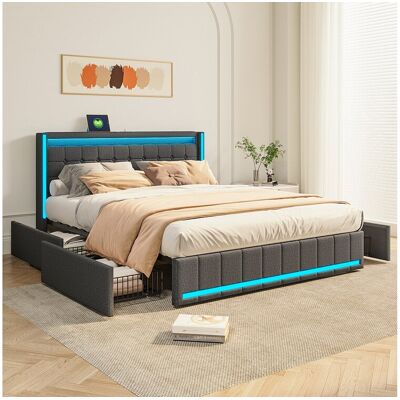 Tweepersoonsbed 160x200 cm grijs, LED, USB, 4 metalen lades, linnen, praktisch en modern voor volwassenen Tweepersoonsbed 160x200 cm grijs, LED, USB, 4 metalen lades, linnen, praktisch en modern voor volwassenen