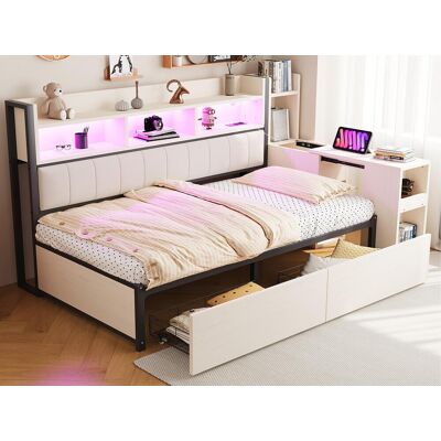 ModernLuxe Slaapbank 90x200 cm - met stopcontacten - met LED-verlichting - met 2 grote laden - met uitschuifbaar bureau - Wit ModernLuxe Slaapbank 90x200 cm - met stopcontacten - met LED-verlichting - met 2 grote laden - met uitschuifbaar bureau - Wit