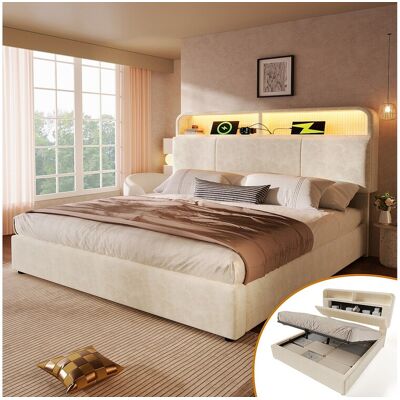 Merax Hydraulisch opbergbed - 160 x 200 cm - verstelbaar hoofdeinde met opbergruimte - met LED's + USB/Type-C - fluweel - beige Merax Hydraulisch opbergbed - 160 x 200 cm - verstelbaar hoofdeinde met opbergruimte - met LED's + USB/Type-C - fluweel - beige