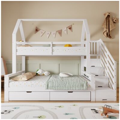 Merax Kinderstapelbed - 90 x 200 + 140 x 200 cm - met 2 lades + trapkast - grenen + MDF + multiplex - wit Merax Kinderstapelbed - 90 x 200 + 140 x 200 cm - met 2 lades + trapkast - grenen + MDF + multiplex - wit